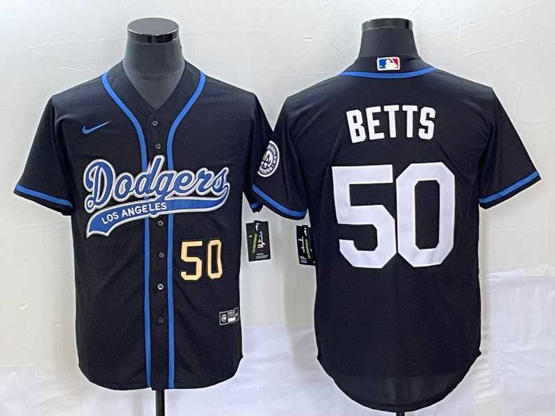 Men%27s Los Angeles Dodgers #50 Mookie Betts Number Black With Patch Cool Base Stitched Baseball Jersey->los angeles dodgers->MLB Jersey